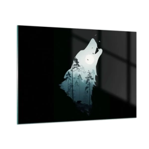Cuadro sobre vidrio - Impresiones sobre Vidrio - Silueta de un lobo con un bosque y la luna al fondo sobre un fondo negro - 100x70cm - Voz de la noche del bosque - Decoración de pared moderna para salón y dormitorio ARTTOR