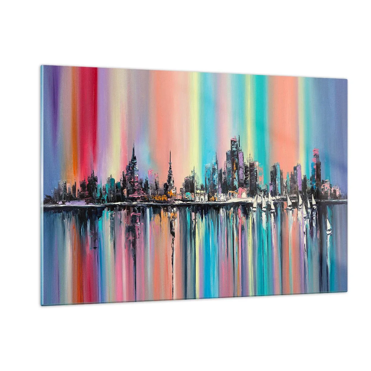 Cuadro sobre vidrio - Impresiones sobre Vidrio - Panorama abstracto de la ciudad con un fondo multicolor - 120x80cm - Flota con la luz de la noche - Decoración de pared moderna para salón y dormitorio ARTTOR