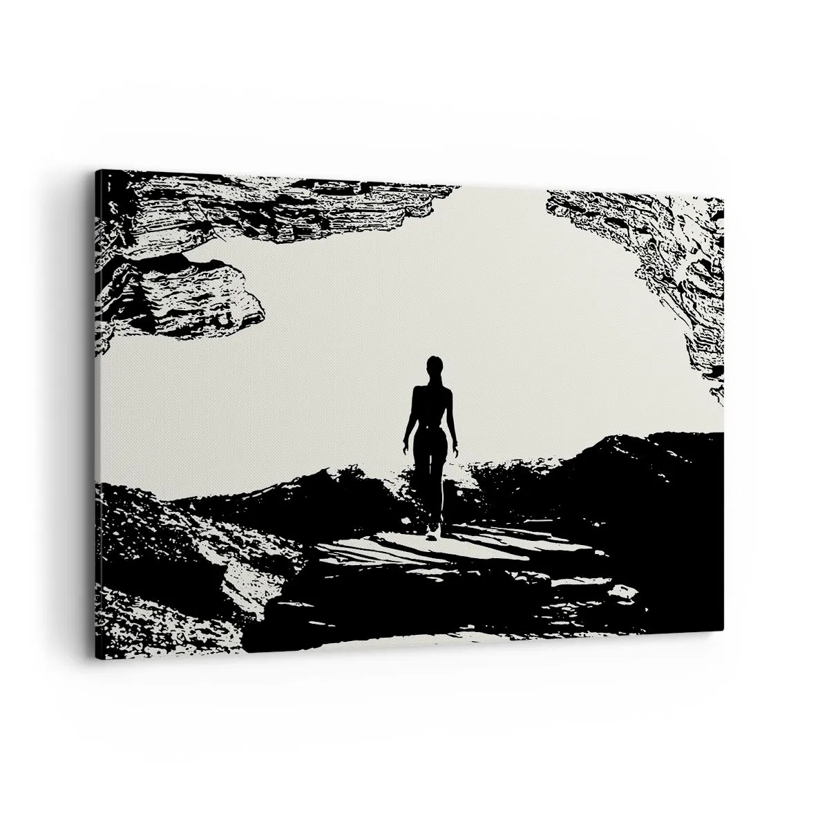 Cuadro sobre lienzo - Impresión de Imagen - Silueta en blanco y negro de una mujer en una cueva contra el cielo - 100x70cm - Una nueva mirada - Decoración de pared moderna para salón y dormitorio ARTTOR