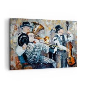 Cuadro sobre lienzo - Impresión de Imagen - Músicos de jazz en estilo pictórico durante un concierto. - 100x70cm - Todo ese jazz - Decoración de pared moderna para salón y dormitorio ARTTOR