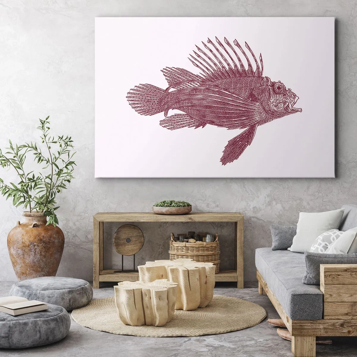 Cuadro sobre lienzo - Impresión de Imagen - Dibujo de un pez en tono rojo. - 70x50cm - Un habitante de aguas exóticas - Decoración de pared moderna para salón y dormitorio ARTTOR