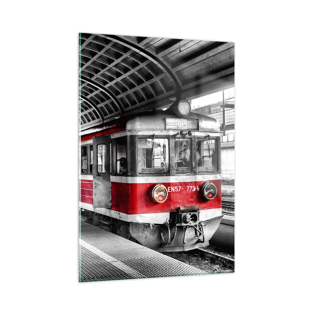 Cuadro sobre vidrio - Impresiones sobre Vidrio - Tren rojo en la estación bajo techo. - 50x70cm - ¿El viaje de su vida? - Decoración de pared moderna para salón y dormitorio ARTTOR