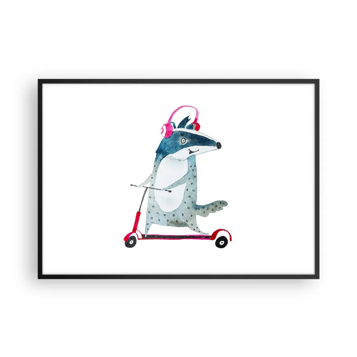Póster en marco negro - Tejón en un scooter con auriculares rosas - 100x70cm - Alegrías de tejón - Decoración de pared moderna para salón y dormitorio ARTTOR