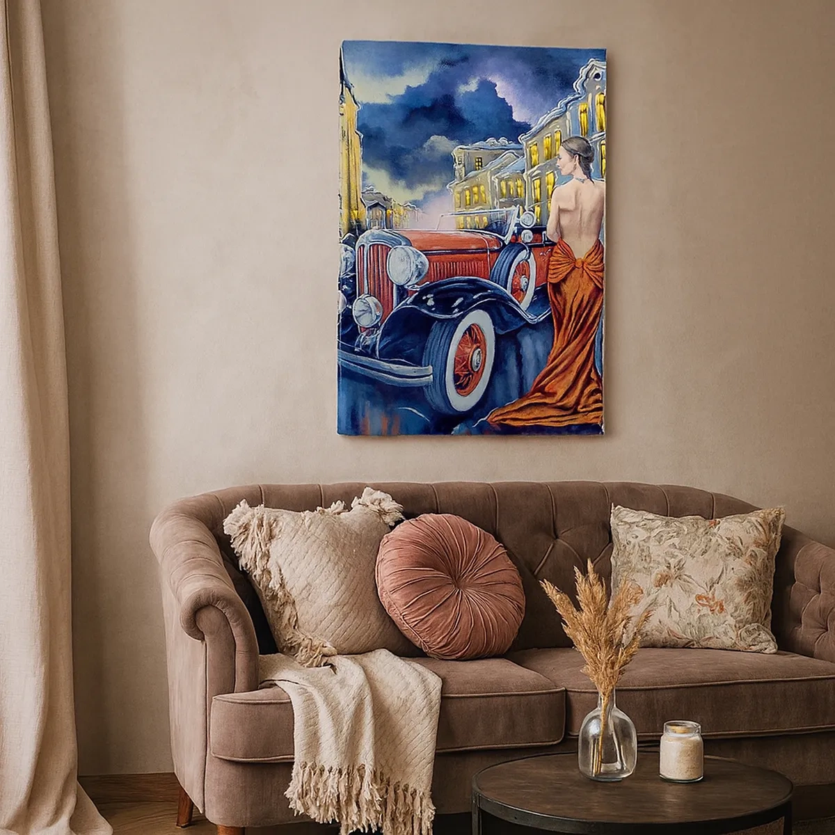 Cuadro sobre lienzo - Impresión de Imagen - Una mujer con un vestido elegante junto a un coche retro por la noche. - 50x70cm - Noche de romanticismo - Decoración de pared moderna para salón y dormitorio ARTTOR