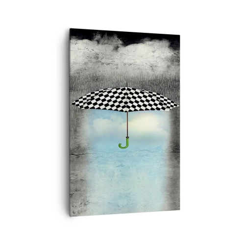 Cuadro sobre lienzo - Impresión de Imagen - Un paraguas a cuadros sobre un paisaje lluvioso. - 80x120cm - Y sin embargo, es posible - Decoración de pared moderna para salón y dormitorio ARTTOR
