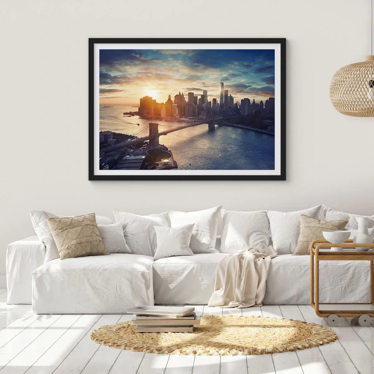 Póster en marco negro - Panorama de la ciudad con el puente y el río a la luz del sol poniente - 100x70cm - Un monumento a la cultura occidental - Decoración de pared moderna para salón y dormitorio ARTTOR