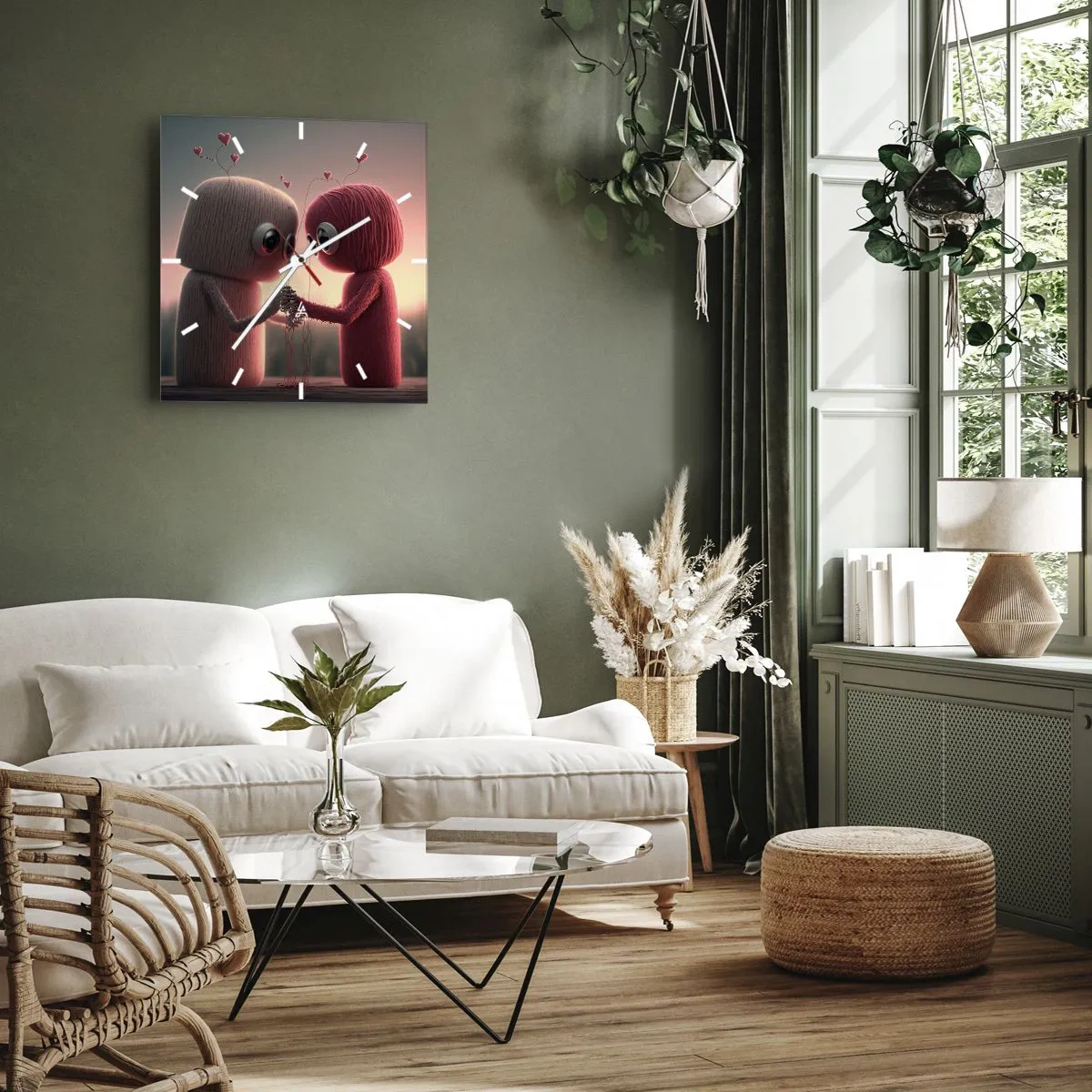 Reloj de pared - Reloj de vidrio - Personajes de hilo en un encantador entorno con temática de corazones. - 30x30cm - Todo el mundo puede amar - Decoración de pared moderna para salón y dormitorio ARTTOR