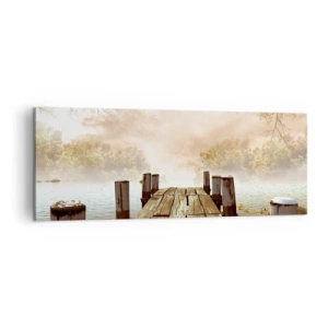 Cuadro sobre lienzo - Impresión de Imagen - Un muelle de madera que conduce a un lago tranquilo en la niebla de la mañana. - 140x50cm - La leve tristeza del otoño - Decoración de pared moderna para salón y dormitorio ARTTOR