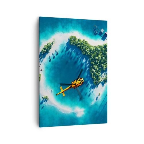 Cuadro sobre lienzo - Impresión de Imagen - Una isla tropical rodeada de agua turquesa con un helicóptero a la vista. - 70x100cm - Cómprate una isla - Decoración de pared moderna para salón y dormitorio ARTTOR