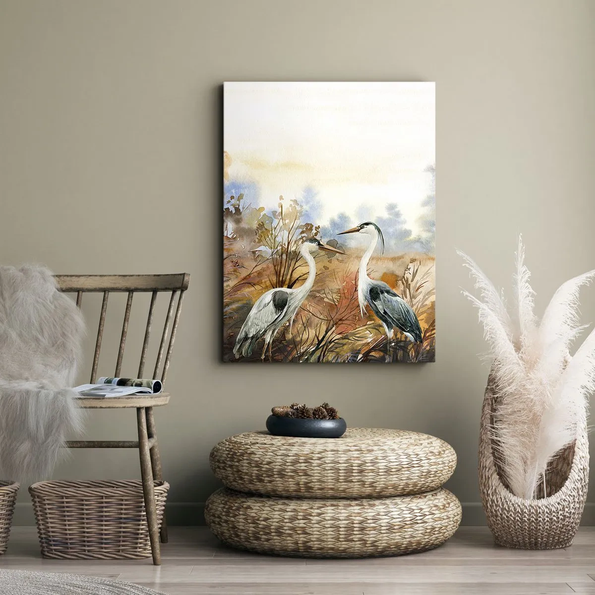 Cuadro sobre lienzo - Impresión de Imagen - Dos garzas sobre el fondo de un paisaje otoñal. - 80x120cm - ¿A dónde nos dirigimos en otoño? - Decoración de pared moderna para salón y dormitorio ARTTOR