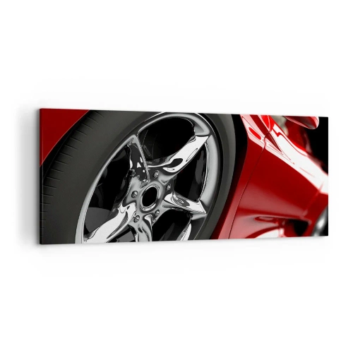 Cuadro sobre lienzo - Impresión de Imagen - Coche deportivo rojo con ruedas cromadas - 120x50cm - Creado para la velocidad - Decoración de pared moderna para salón y dormitorio ARTTOR