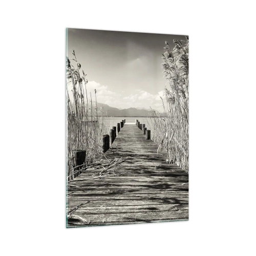 Cuadro sobre vidrio - Impresiones sobre Vidrio - Un embarcadero de madera entre hierbas altas sobre un lago de tonos sepia. - 70x100cm - En la quietud de los juncos - Decoración de pared moderna para salón y dormitorio ARTTOR