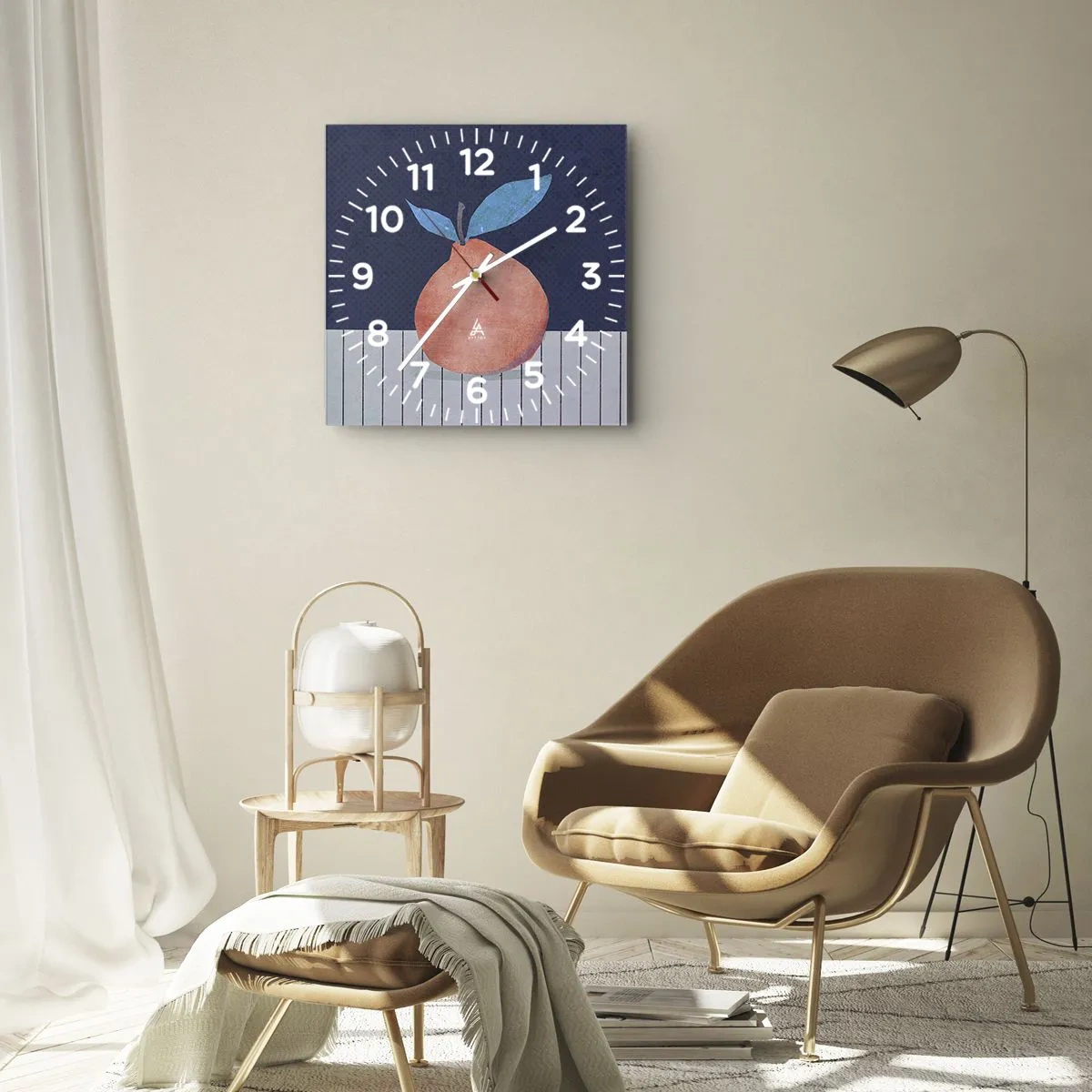 Reloj de pared - Reloj de vidrio - Fruta abstracta sobre un fondo de colores contrastantes y líneas rectas. - 30x30cm - Convexidad y plano - Decoración de pared moderna para salón y dormitorio ARTTOR