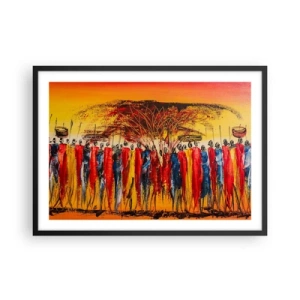 Póster en marco negro - Una escena colorida con figuras africanas con el sol poniente como telón de fondo. - 70x50cm - Allí, allí, allí van - Decoración de pared moderna para salón y dormitorio ARTTOR