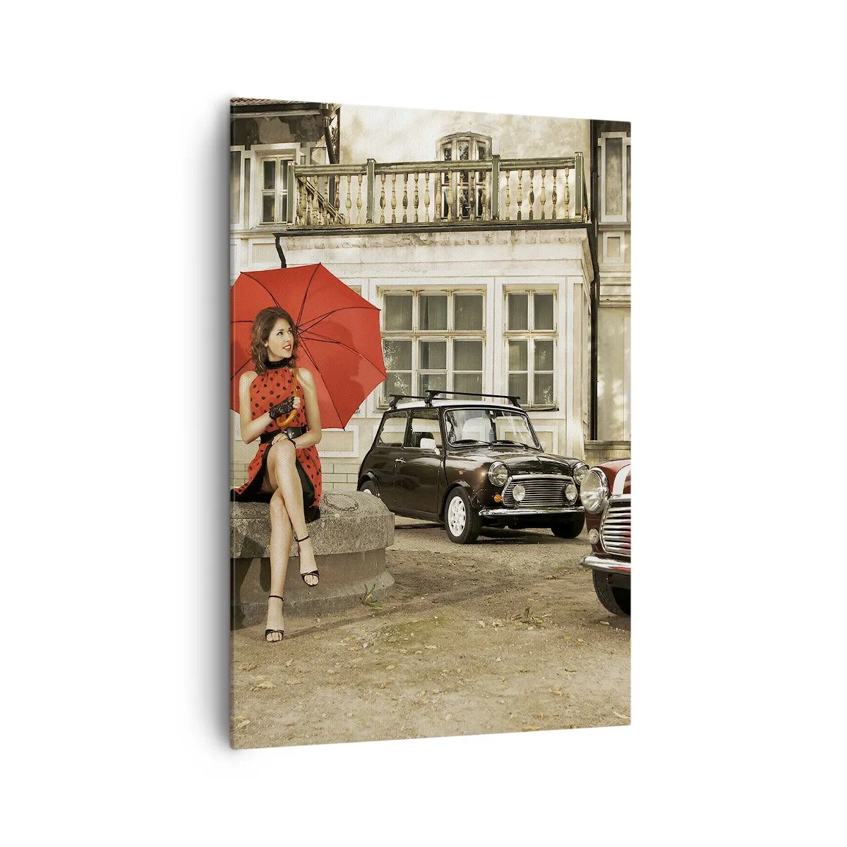 Cuadro sobre lienzo - Impresión de Imagen - Mujer con un paraguas rojo junto a coches clásicos - 70x100cm - Un mini viaje sentimental - Decoración de pared moderna para salón y dormitorio ARTTOR