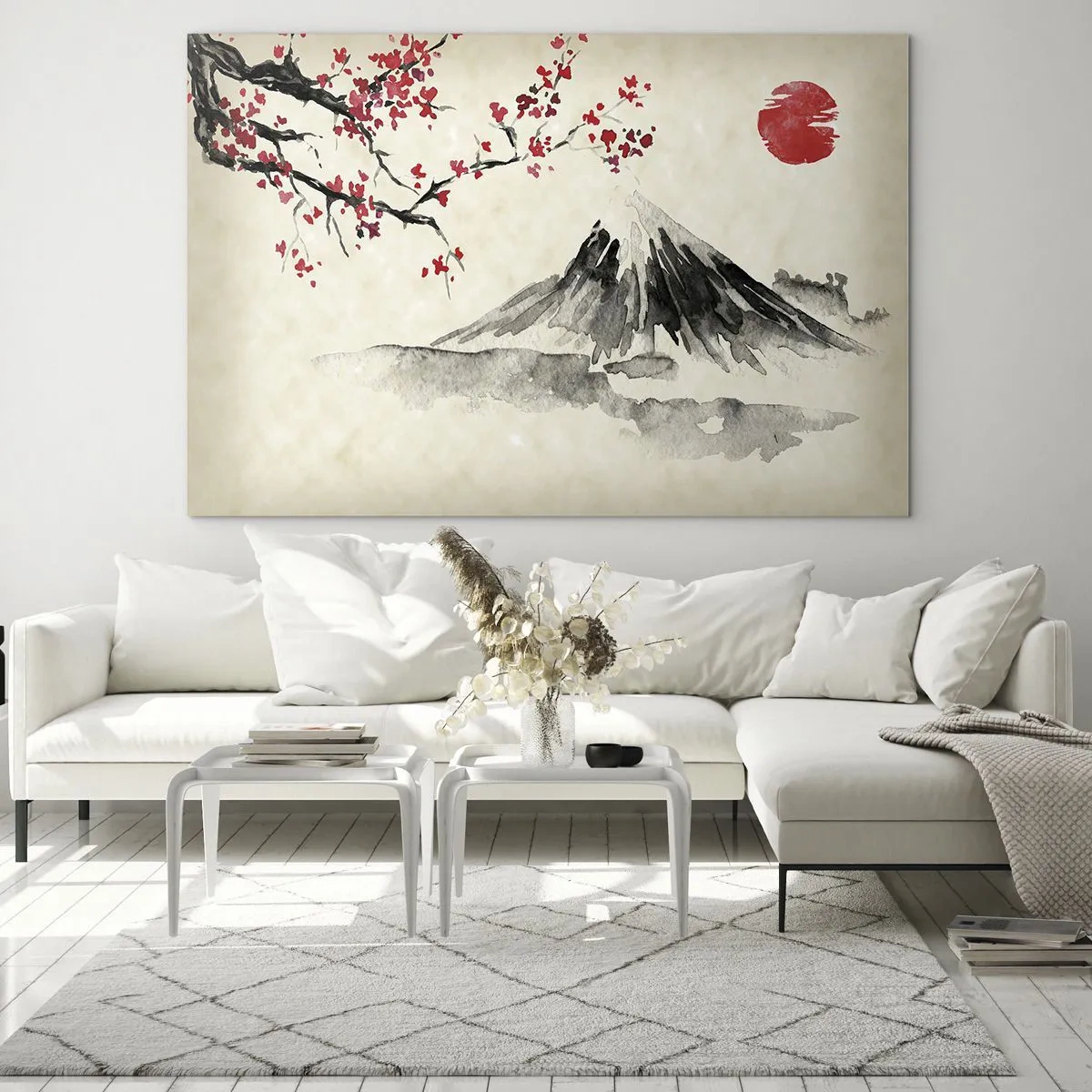 Cuadro sobre vidrio - Impresiones sobre Vidrio - Pintura de acuarela japonesa de una montaña y una rama floreciente. - 100x70cm - Enamórate de Japón - Decoración de pared moderna para salón y dormitorio ARTTOR