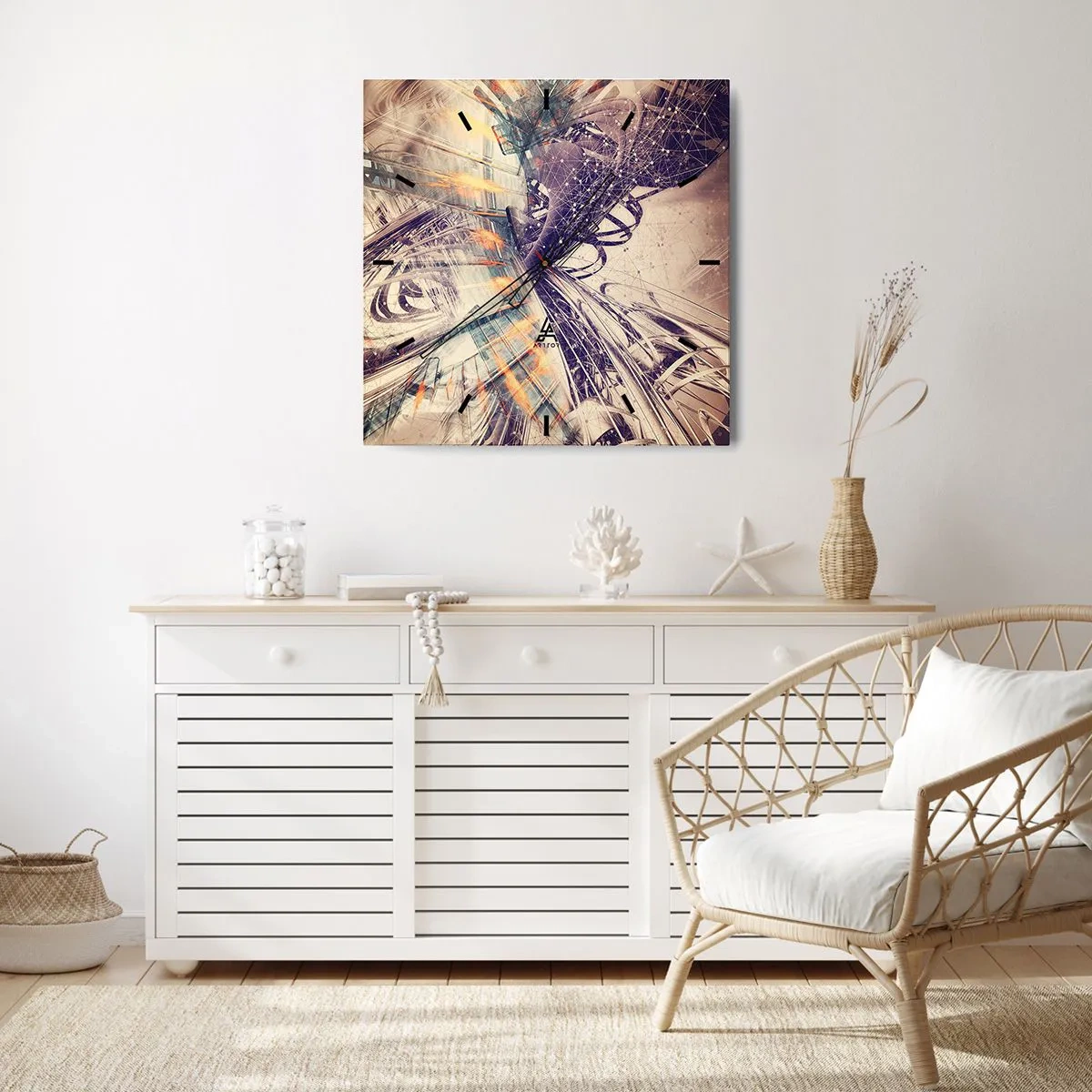 Reloj de pared - Reloj de vidrio - Abstracción dinámica en tonos beige y morado. - 30x30cm - Con mucha prisa - Decoración de pared moderna para salón y dormitorio ARTTOR