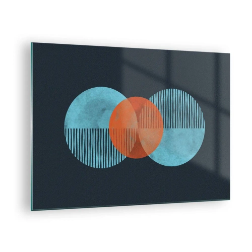 Cuadro sobre vidrio - Impresiones sobre Vidrio - Círculos de colores con líneas verticales sobre un fondo oscuro. - 70x50cm - Composición simétrica - Decoración de pared moderna para salón y dormitorio ARTTOR