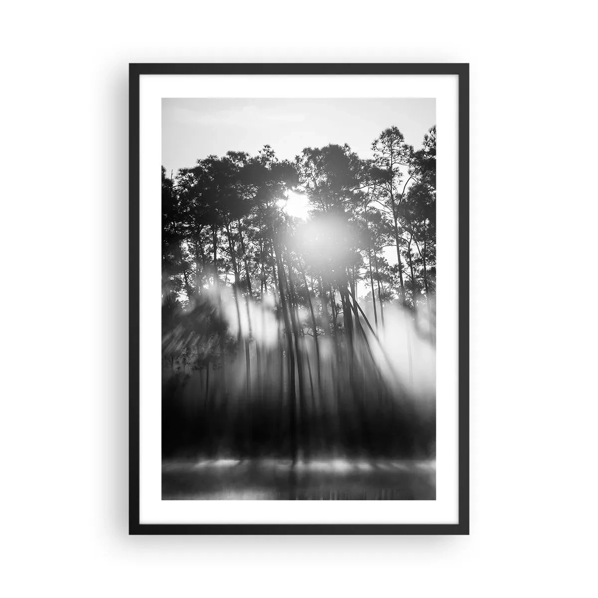 Póster en marco negro - Escena de bosque en blanco y negro con rayos de sol en la niebla. - 50x70cm - Sol imparable - Decoración de pared moderna para salón y dormitorio ARTTOR