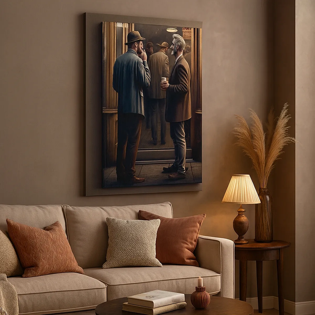 Cuadro sobre lienzo - Impresión de Imagen - Escena callejera con gente frente a un café retro. - 50x70cm - Un buen momento del día - Decoración de pared moderna para salón y dormitorio ARTTOR