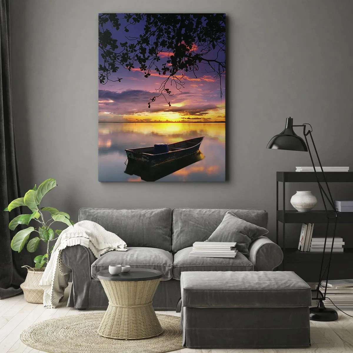 Cuadro sobre lienzo - Impresión de Imagen - Un barco en aguas tranquilas al atardecer. - 50x70cm - Un cielo de ensueño - Decoración de pared moderna para salón y dormitorio ARTTOR