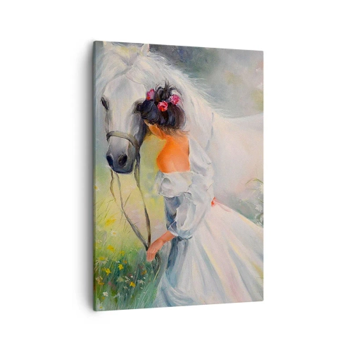 Cuadro sobre lienzo - Impresión de Imagen - Una mujer con un caballo blanco en un entorno pintoresco. - 50x70cm - Como si de un hermoso sueño se tratara - Decoración de pared moderna para salón y dormitorio ARTTOR