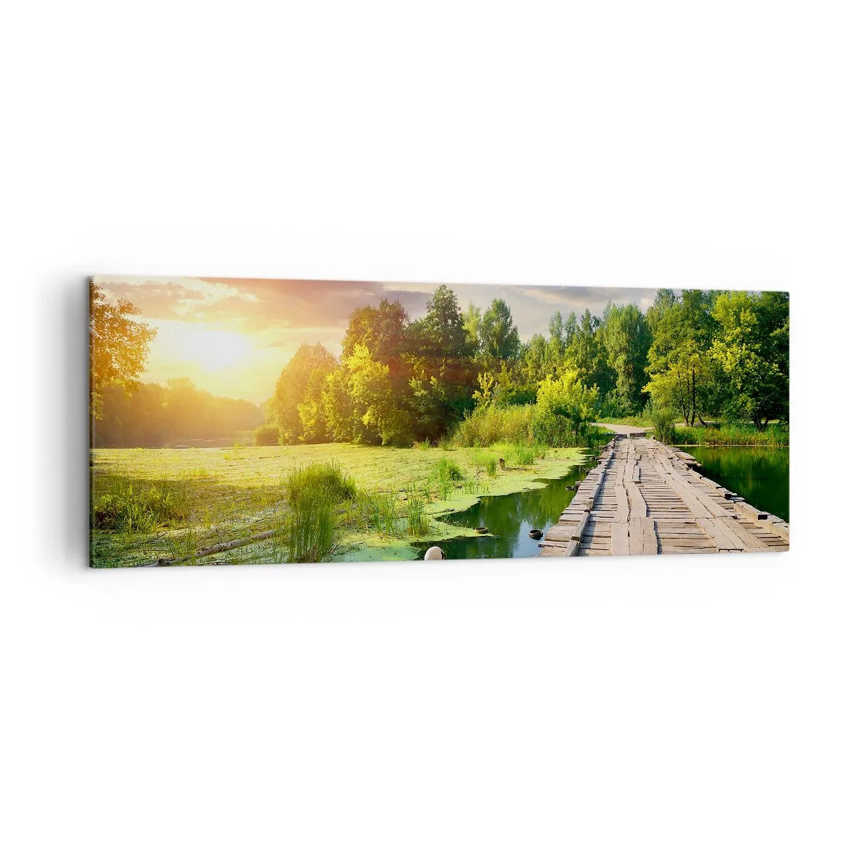 Cuadro sobre lienzo - Impresión de Imagen - Un paisaje pintoresco con un puente y un cisne. - 140x50cm - Verano, verano en todas partes - Decoración de pared moderna para salón y dormitorio ARTTOR