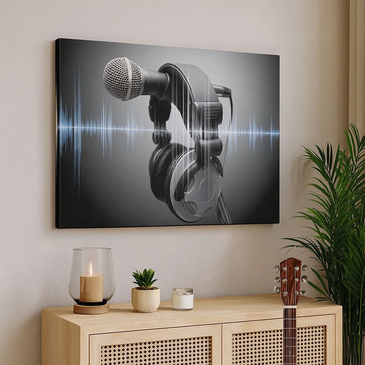 Cuadro sobre lienzo - Impresión de Imagen - Micrófono y auriculares con visualización de ondas sonoras de fondo. - 70x50cm - Todavía se puede escuchar el canto - Decoración de pared moderna para salón y dormitorio ARTTOR
