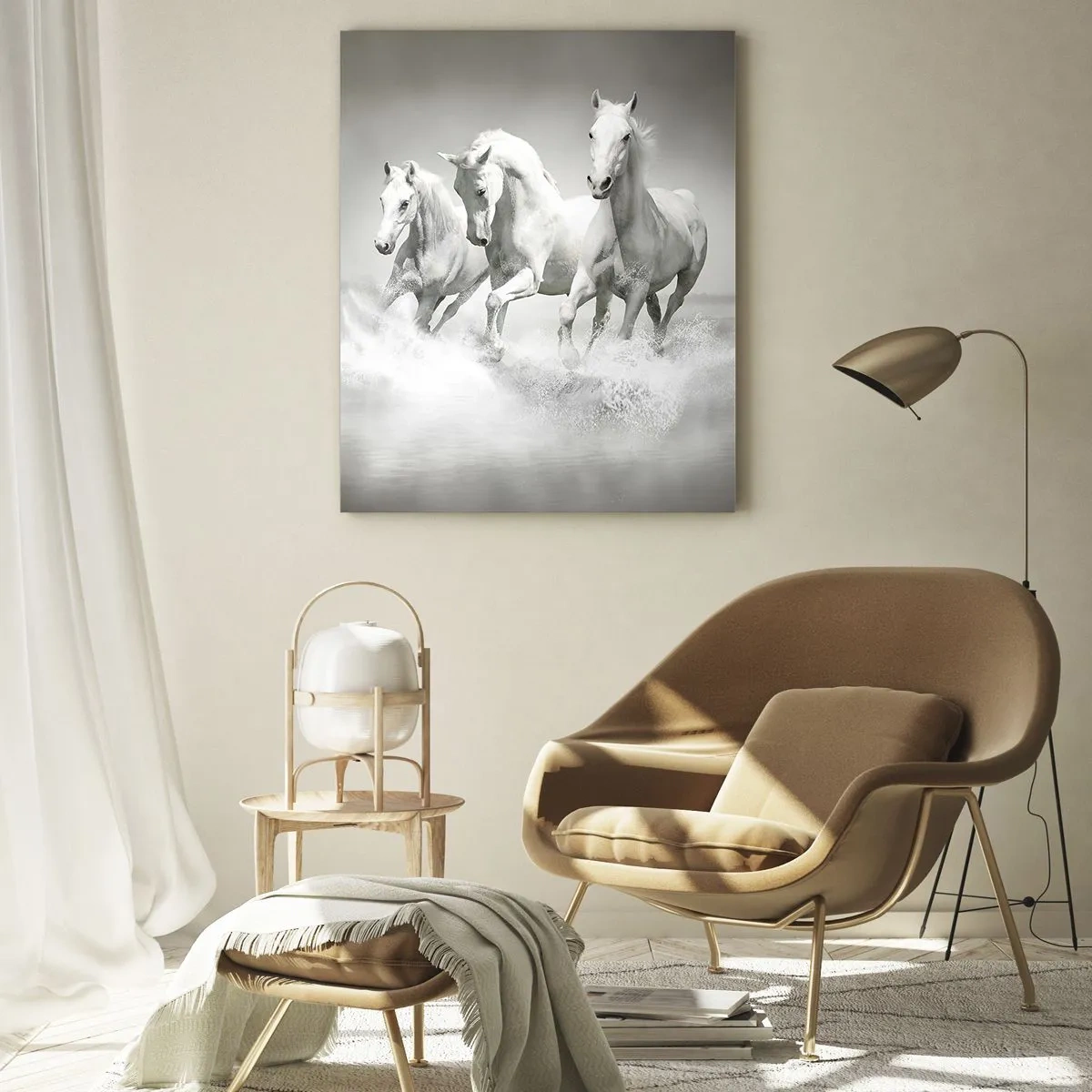 Cuadro sobre vidrio - Impresiones sobre Vidrio - Tres caballos blancos galopando por el agua - 70x100cm - Locura blanca - Decoración de pared moderna para salón y dormitorio ARTTOR