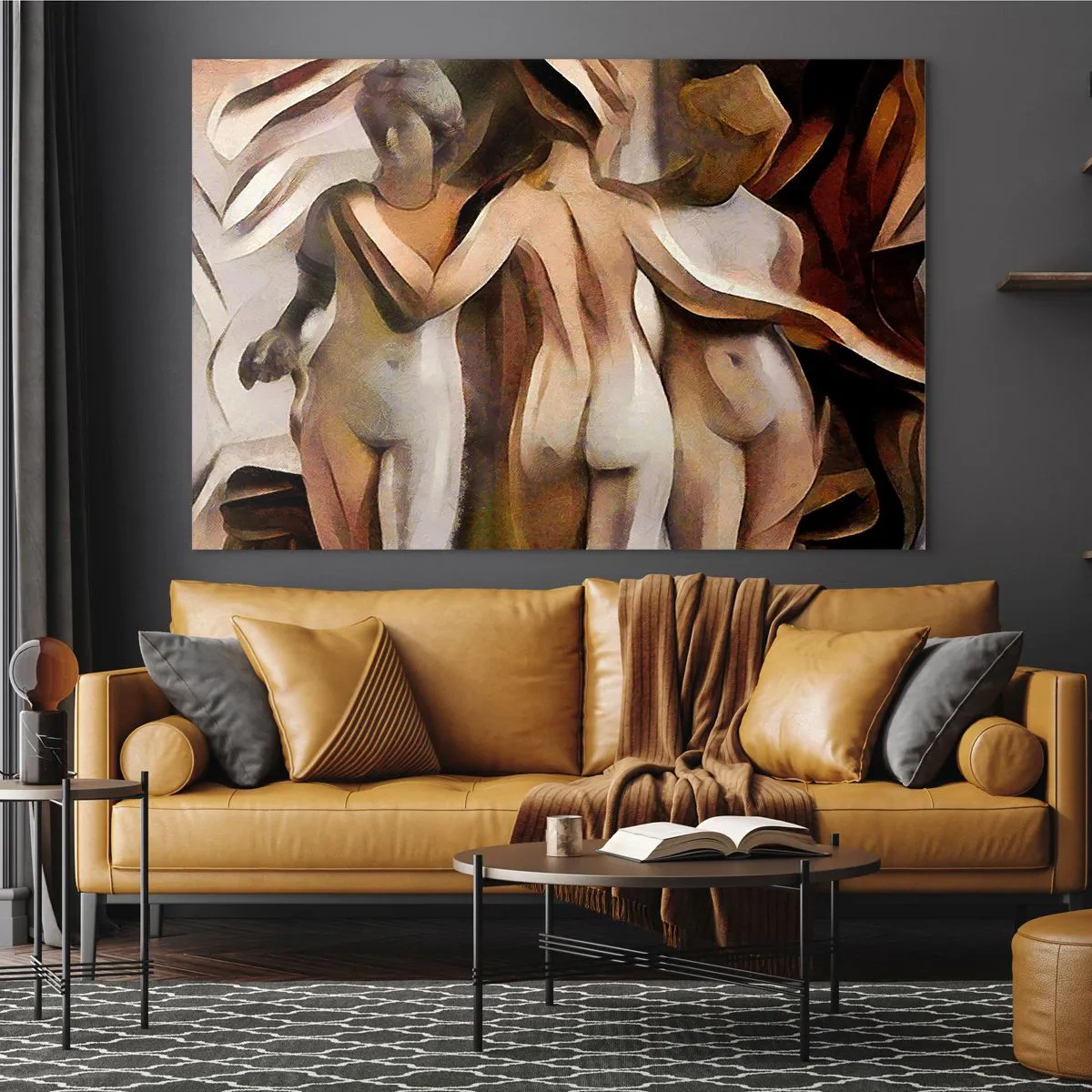 Cuadro sobre vidrio - Impresiones sobre Vidrio - Composición abstracta con tres figuras - 100x70cm - Las tres Gracias 2.0 - Decoración de pared moderna para salón y dormitorio ARTTOR