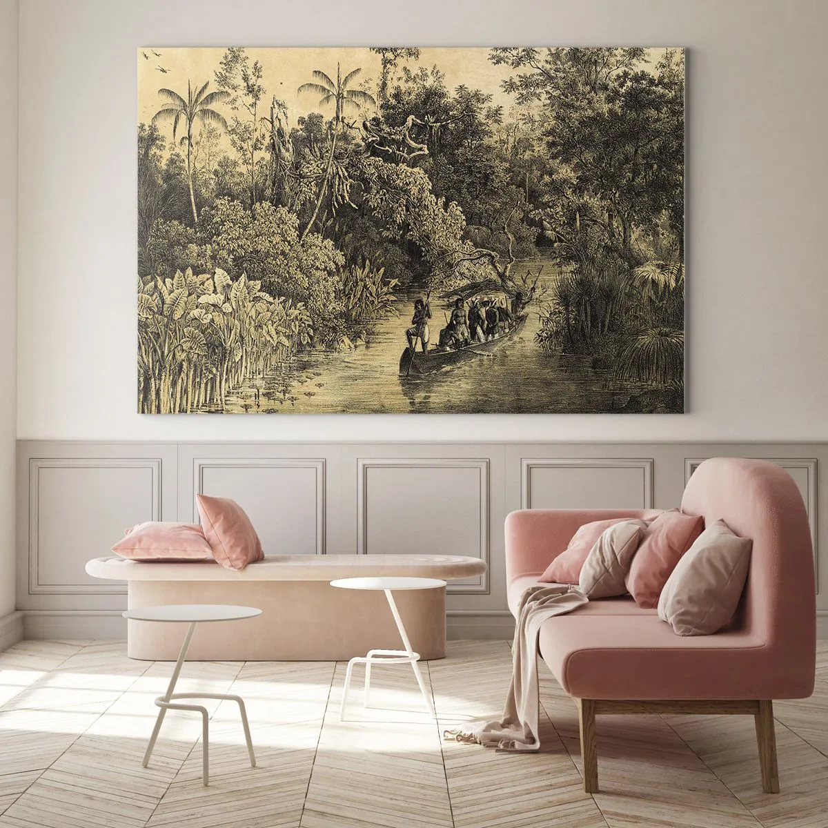 Cuadro sobre vidrio - Impresiones sobre Vidrio - Impresión retro que representa un viaje por la jungla. - 70x50cm - Expedición a la fuente - Decoración de pared moderna para salón y dormitorio ARTTOR