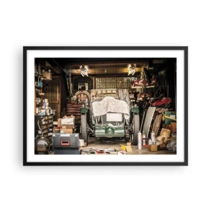Póster en marco negro - Un coche viejo en un garaje rodeado de herramientas y equipos. - 70x50cm - Volver al pasado - Decoración de pared moderna para salón y dormitorio ARTTOR