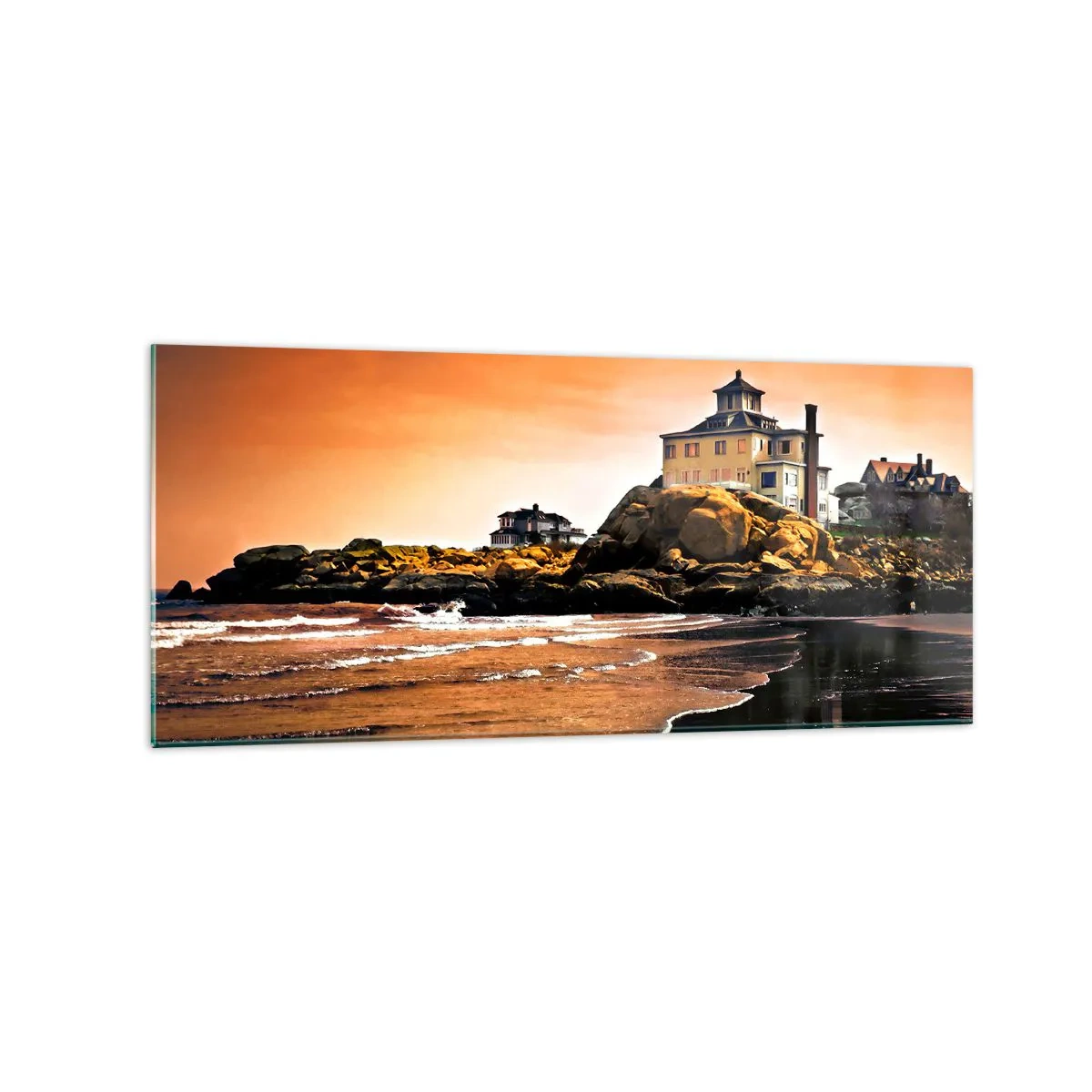 Cuadro sobre vidrio - Impresiones sobre Vidrio - Una casa sobre una roca junto a la playa al atardecer con su reflejo en el agua. - 120x50cm - La elegancia de la costa oeste - Decoración de pared moderna para salón y dormitorio ARTTOR