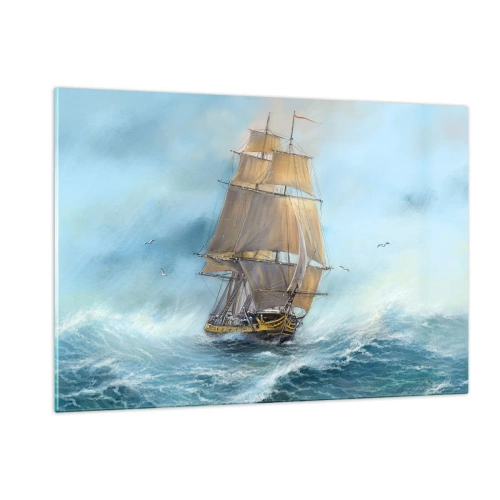 Cuadro sobre vidrio - Impresiones sobre Vidrio - Un velero en un mar tempestuoso en estilo pictórico. - 120x80cm - Surcando las olas - Decoración de pared moderna para salón y dormitorio ARTTOR