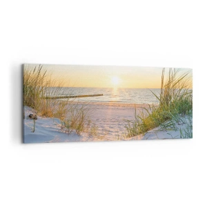 Cuadro sobre lienzo - Impresión de Imagen - Una playa de arena con vistas a la puesta de sol sobre el mar. - 120x50cm - El sonido del mar, el canto de los pájaros, una playa virgen entre las dunas... - Decoración de pared moderna para salón y dormitorio A