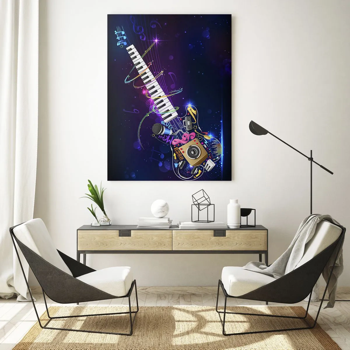 Cuadro sobre vidrio - Impresiones sobre Vidrio - Una guitarra colorida con un teclado y un micrófono sobre un fondo oscuro. - 80x120cm - El poder del ritmo - Decoración de pared moderna para salón y dormitorio ARTTOR