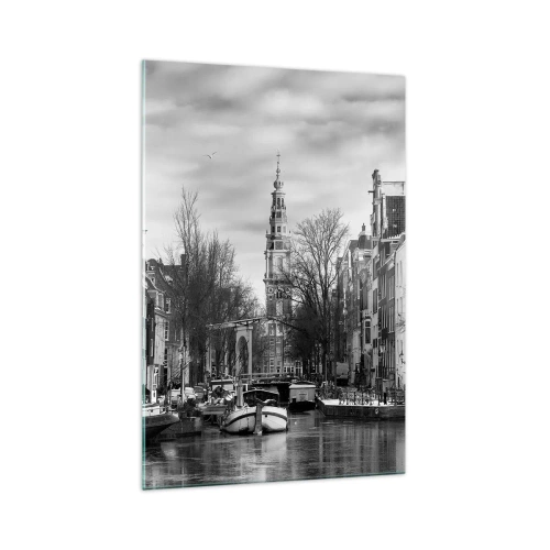 Cuadro sobre vidrio - Impresiones sobre Vidrio - Panorama en blanco y negro de Ámsterdam con canal y edificios históricos - 70x100cm - Ambiente de Ámsterdam - Decoración de pared moderna para salón y dormitorio ARTTOR