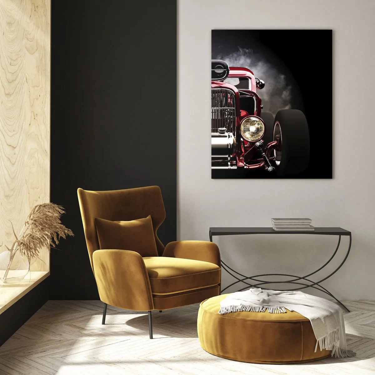 Cuadro sobre vidrio - Impresiones sobre Vidrio - Coche de carreras clásico rojo sobre un fondo oscuro - 80x120cm - Rápida y furiosamente bella - Decoración de pared moderna para salón y dormitorio ARTTOR