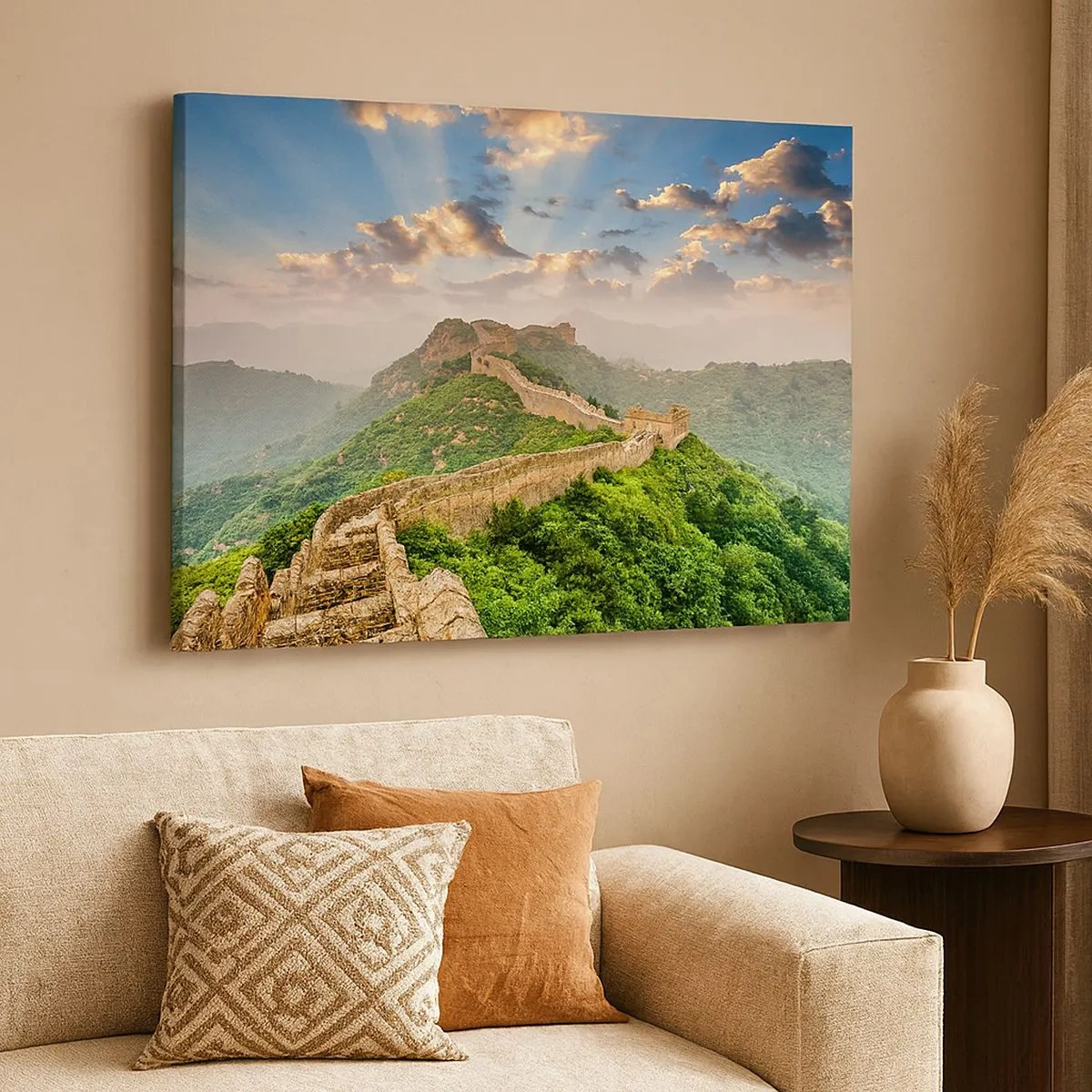 Cuadro sobre lienzo - Impresión de Imagen - La Gran Muralla China iluminada por la luz del sol en un paisaje pintoresco. - 70x50cm - Grandeza duradera - Decoración de pared moderna para salón y dormitorio ARTTOR