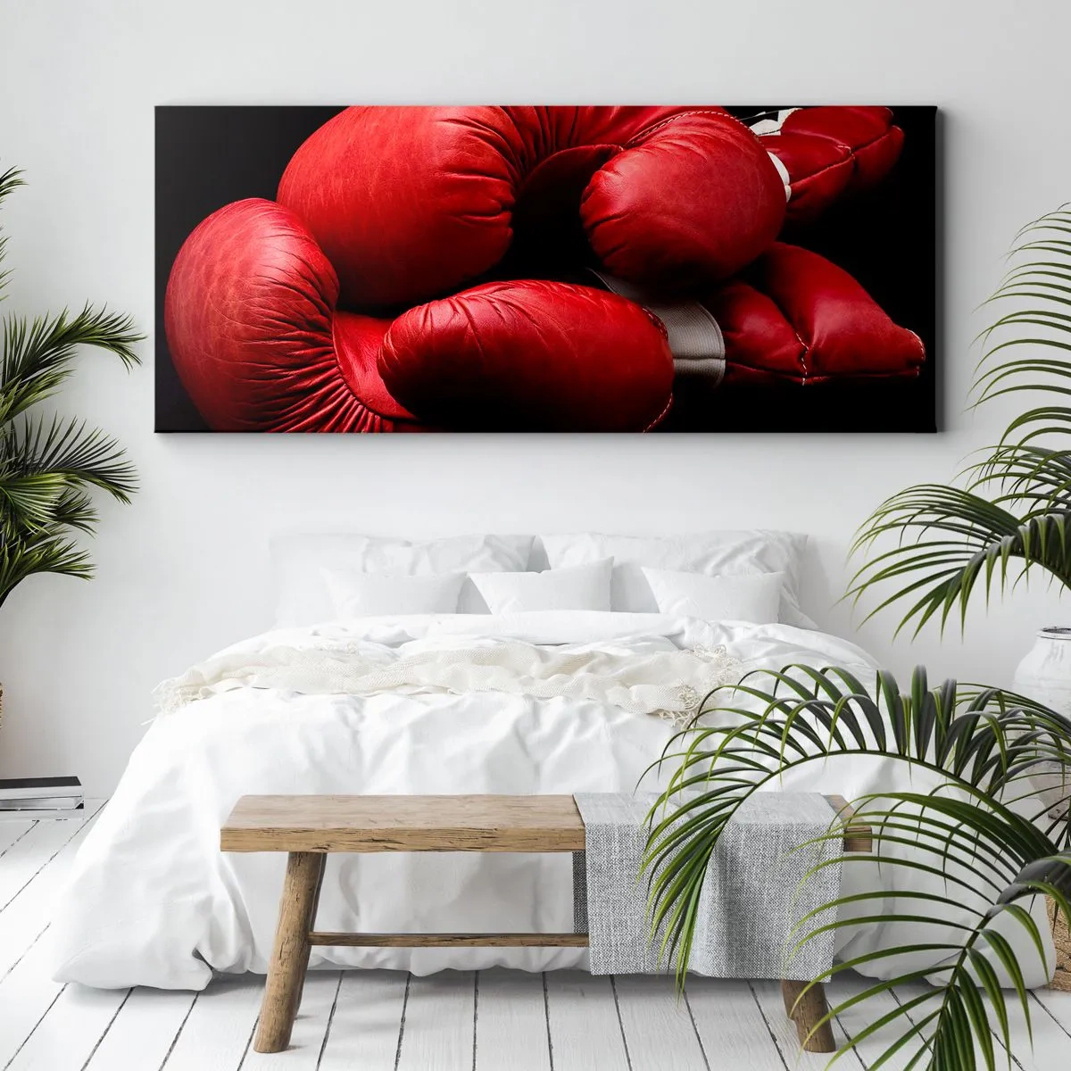 Cuadro sobre lienzo - Impresión de Imagen - Guantes de boxeo rojos sobre fondo negro - 120x50cm - La emoción del combate quedó atrás - Decoración de pared moderna para salón y dormitorio ARTTOR