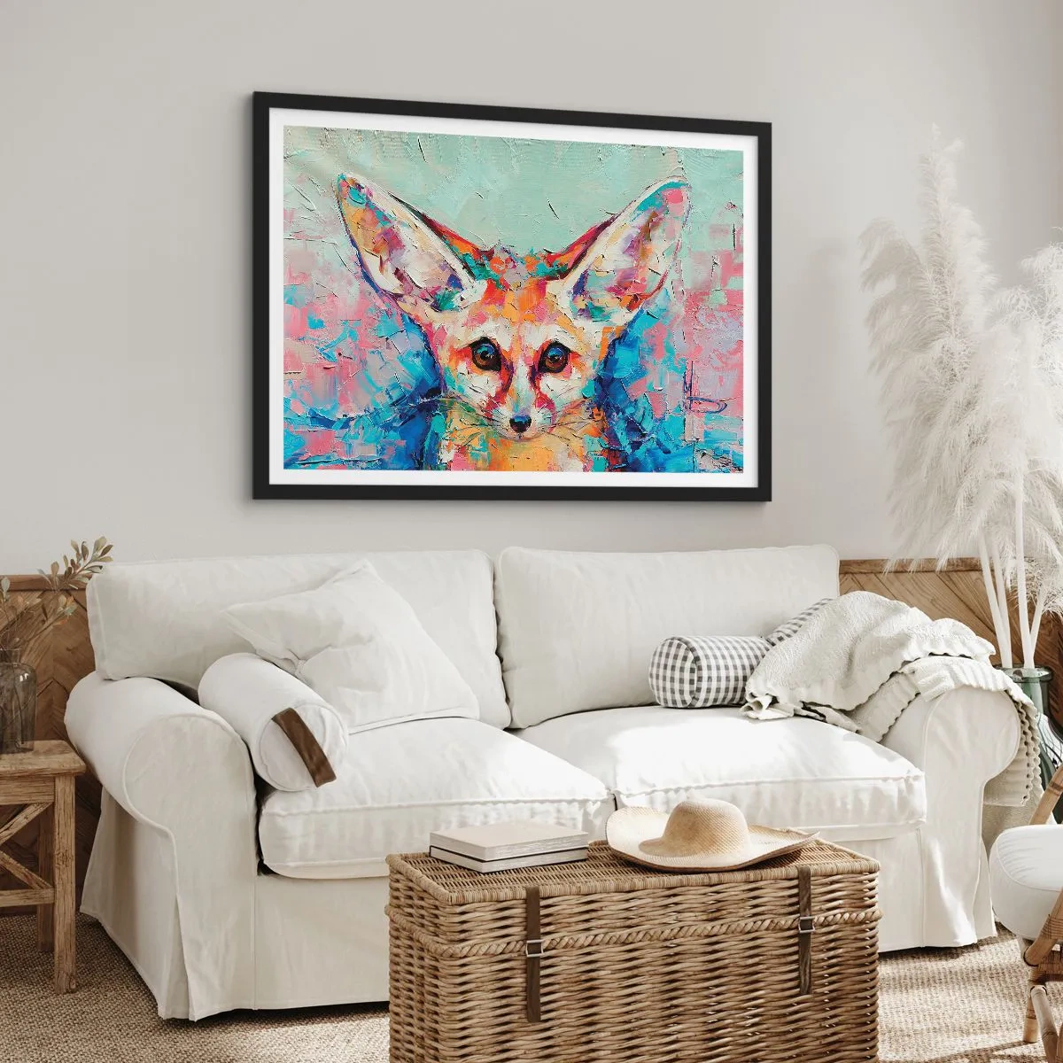 Póster en marco negro - Un retrato colorido de un zorro fennec en el estilo de pintura expresiva. - 100x70cm - Mirada penetrante - Decoración de pared moderna para salón y dormitorio ARTTOR