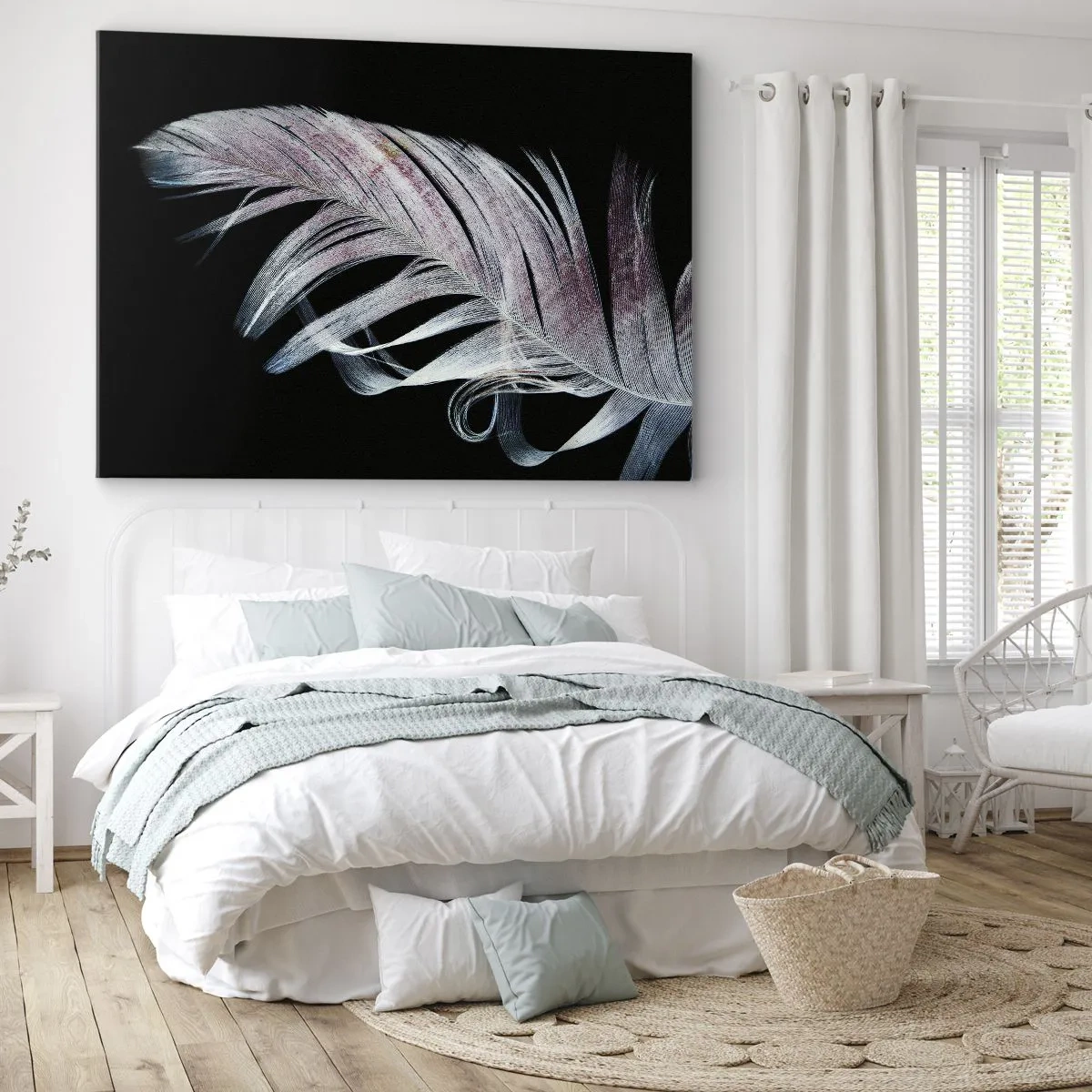 Cuadro sobre lienzo - Impresión de Imagen - Una delicada pluma sobre un fondo negro en un enfoque artístico. - 70x50cm - Piensa en el tacto - Decoración de pared moderna para salón y dormitorio ARTTOR