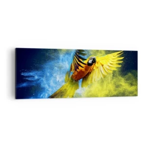 Cuadro sobre lienzo - Impresión de Imagen - Un loro en vuelo sobre un fondo de explosiones de colores amarillo y azul. - 140x50cm - En polvo azul y dorado - Decoración de pared moderna para salón y dormitorio ARTTOR