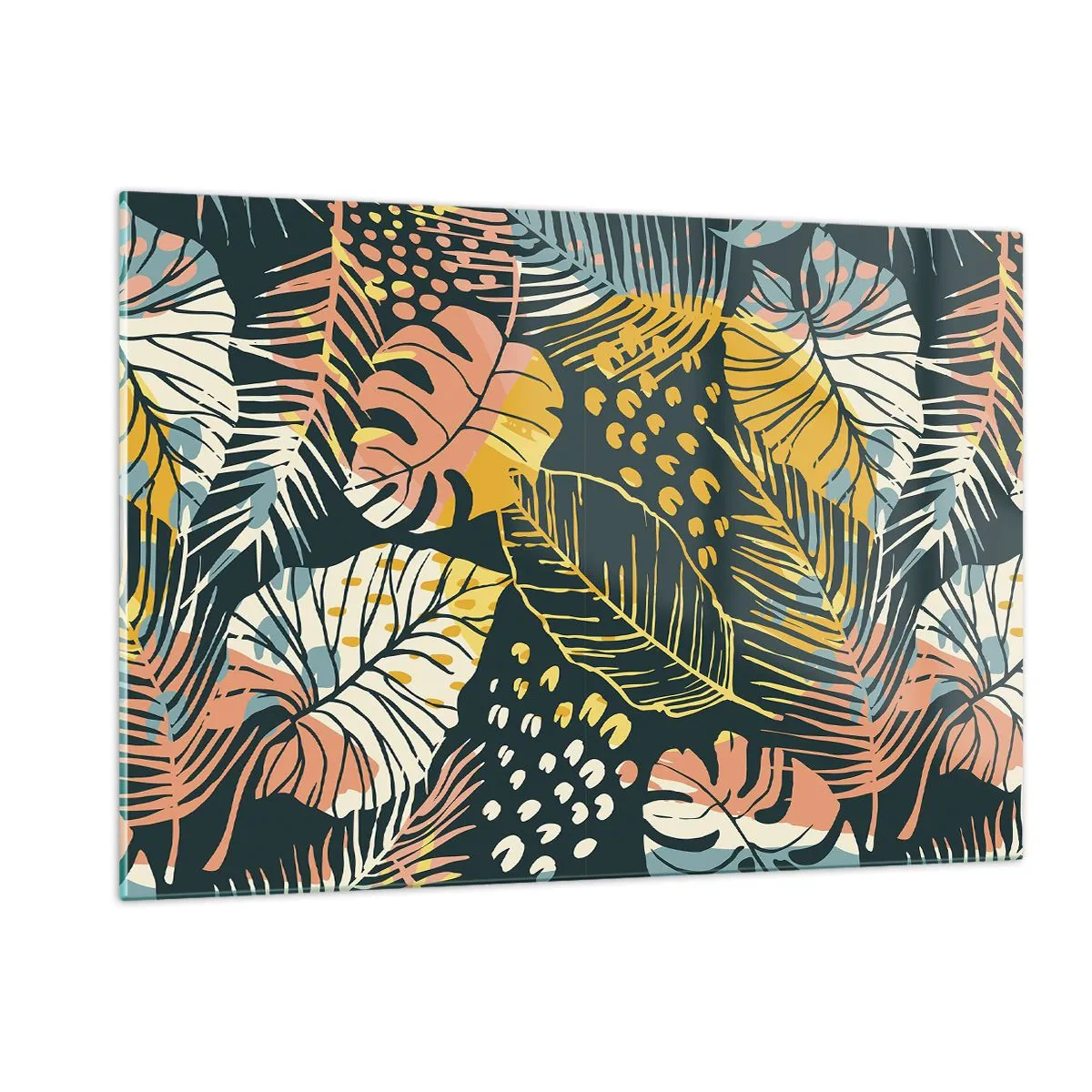 Cuadro sobre vidrio - Impresiones sobre Vidrio - Un patrón de hojas tropicales en colores vibrantes, lleno de energía y exotismo. - 120x80cm - Una frondosa fantasía - Decoración de pared moderna para salón y dormitorio ARTTOR