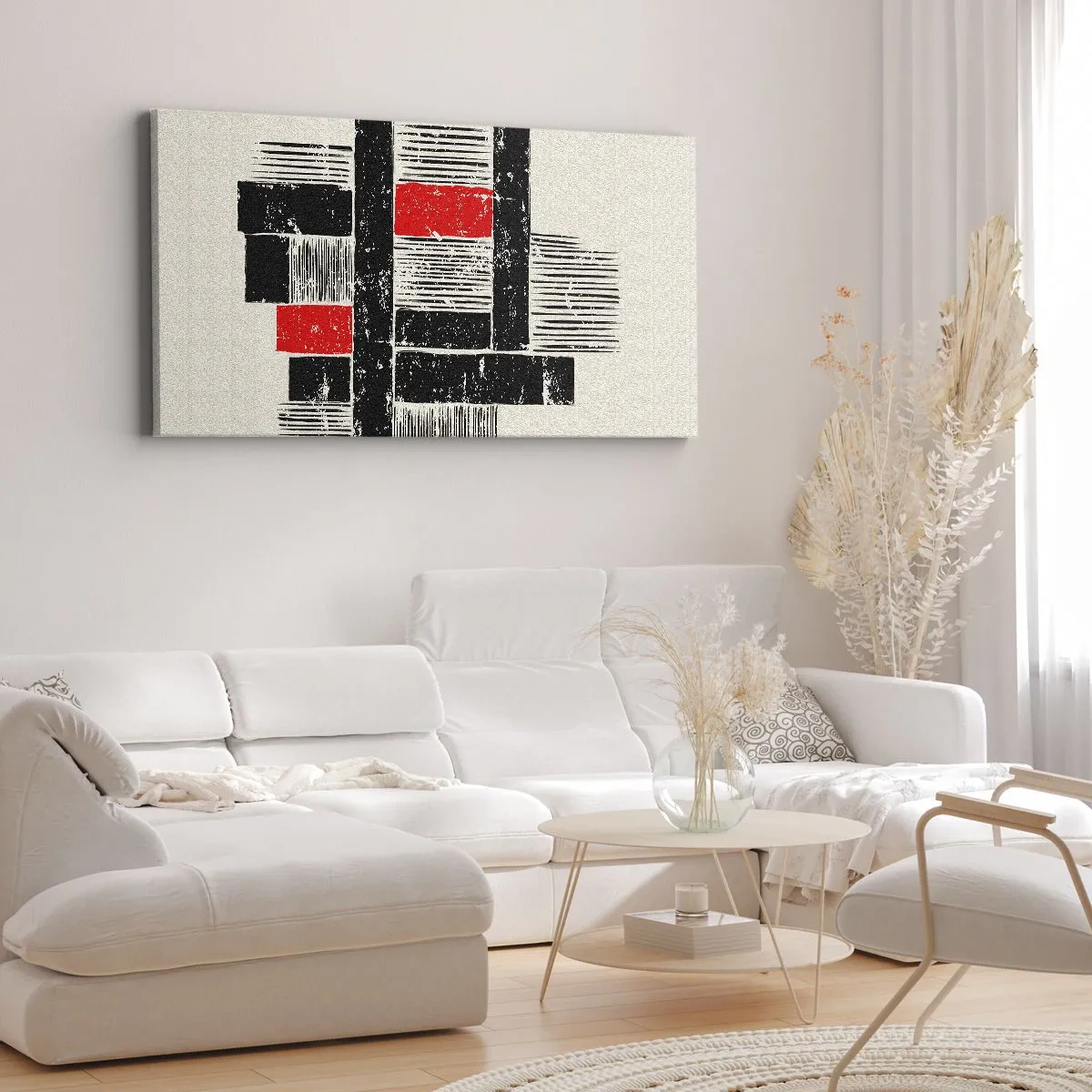 Cuadro sobre lienzo - Impresión de Imagen - Composición geométrica abstracta en negro y rojo. - 140x50cm - Rojo y negro - Decoración de pared moderna para salón y dormitorio ARTTOR