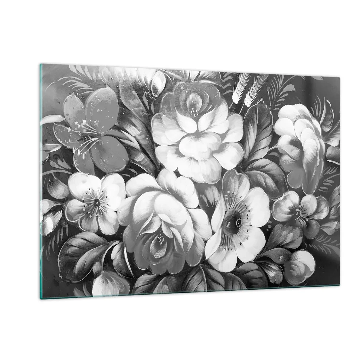Cuadro sobre vidrio - Impresiones sobre Vidrio - Un elegante ramo de flores en tonos grises. - 120x80cm - Hermoso incluso en el gris - Decoración de pared moderna para salón y dormitorio ARTTOR