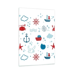 Cuadro sobre vidrio - Impresiones sobre Vidrio - Patrón náutico con anclas, barcos y cangrejos. - 80x120cm - Un cuento de mar - Decoración de pared moderna para salón y dormitorio ARTTOR