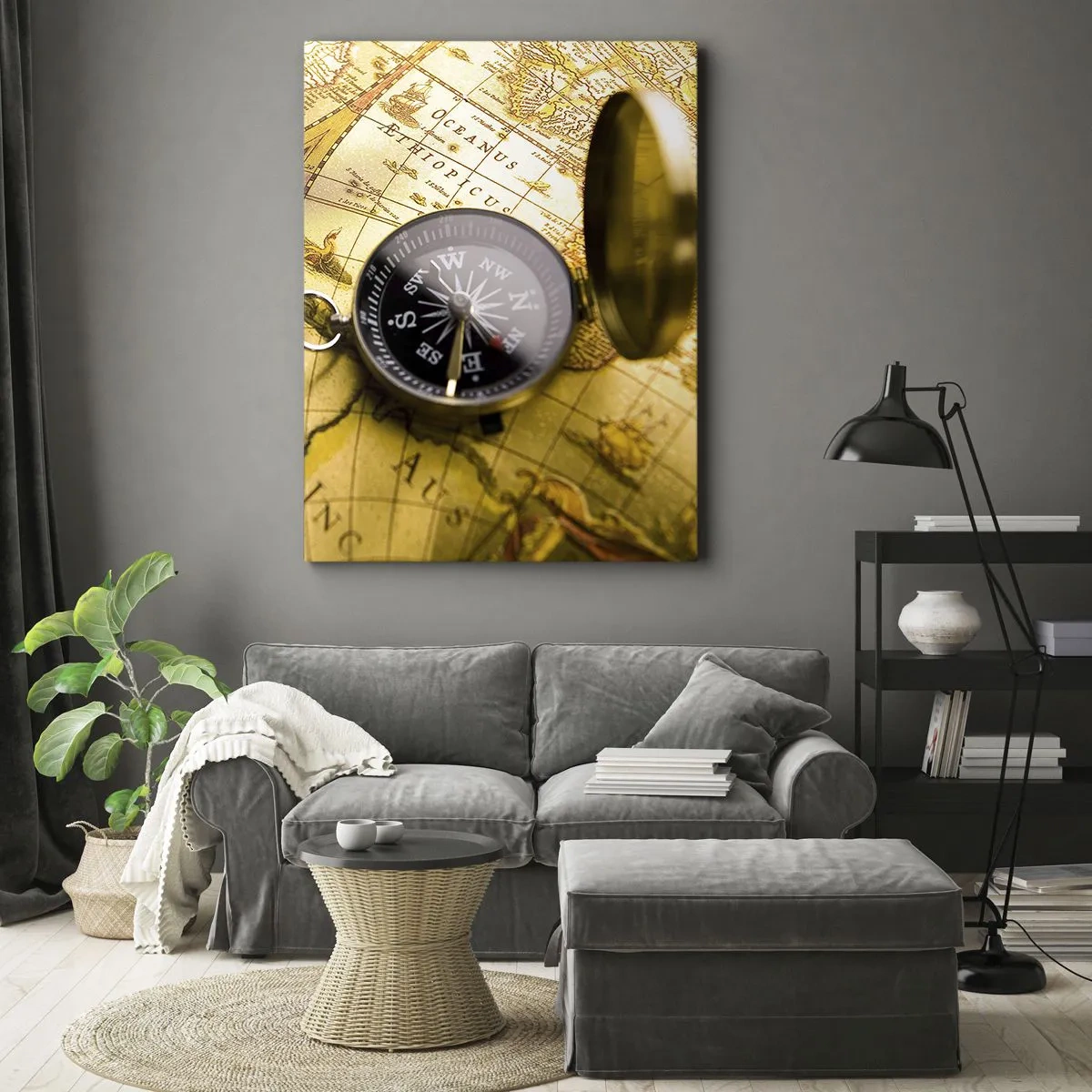 Cuadro sobre lienzo - Impresión de Imagen - Una brújula antigua sobre el fondo de un mapa del viejo mundo. - 80x120cm - ¿Hasta el fin del mundo? - Decoración de pared moderna para salón y dormitorio ARTTOR