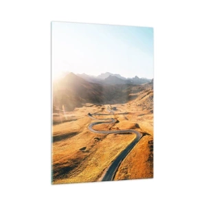 Cuadro sobre vidrio - Impresiones sobre Vidrio - Un camino sinuoso en un valle dorado iluminado por el sol. - 50x70cm - En un valle dorado - Decoración de pared moderna para salón y dormitorio ARTTOR