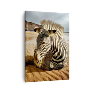 Cuadro sobre lienzo - Impresión de Imagen - Una cebra descansando en una playa de arena con acantilados al fondo. - 70x100cm - Encajamos juntos - Decoración de pared moderna para salón y dormitorio ARTTOR